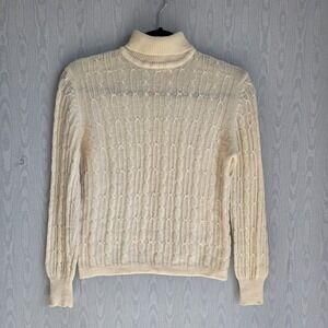 Vtg 60s Womens‎ Small 100% Wool Carol Brent Cable Knit Ivory Turtleneck Sweater